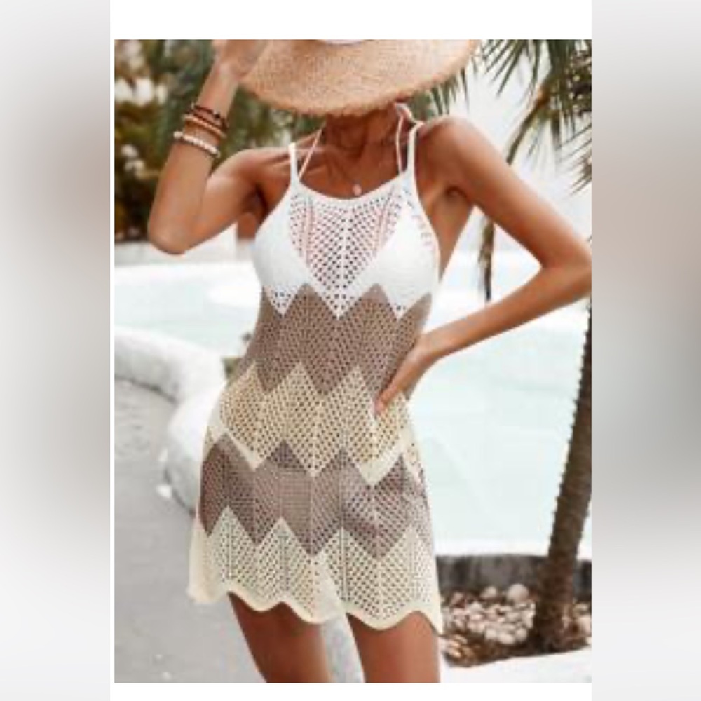 White and Brown Crochet Coverup NWOT